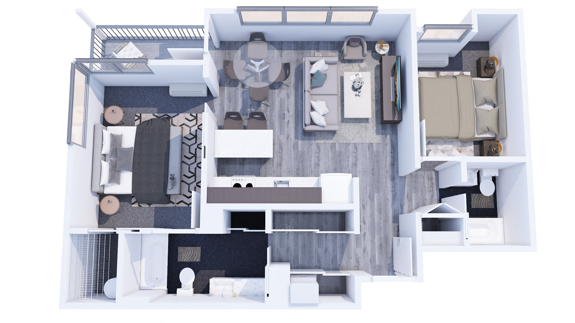 Floor plan for 2 beds, 2 baths, 902 sqft